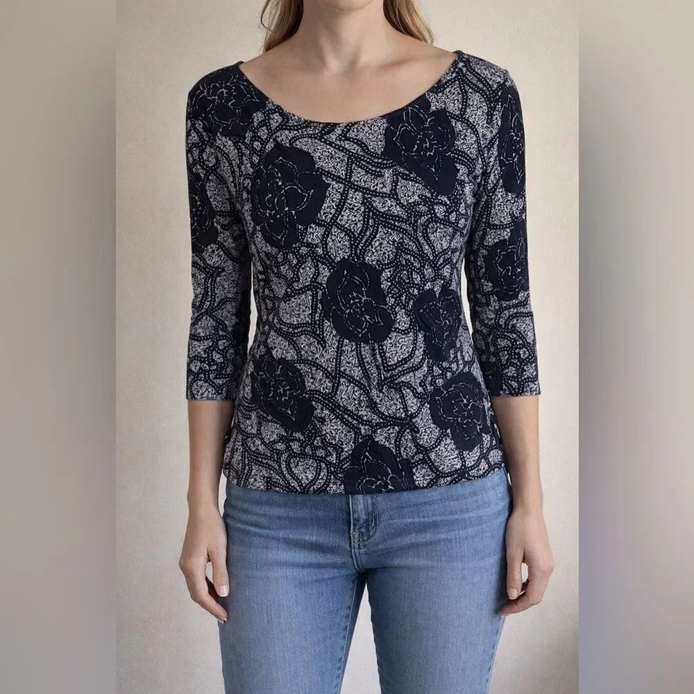 Sigrid Olsen 3/4 sleeve stretch top cream and blue floral Small